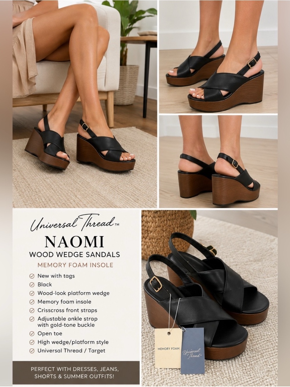 Universal Thread  Women's Naomi Black Wood Wedge Heels Memory Foam Insole size 7